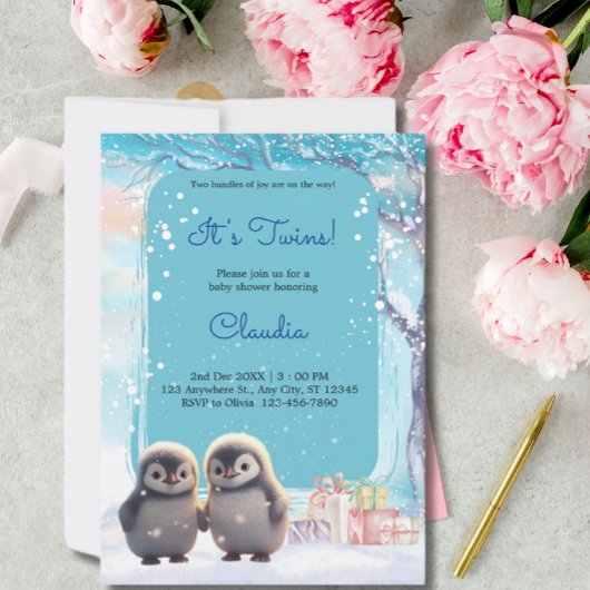 かわいいペンギン双生冬の青い赤ちゃんシャワー 招待状