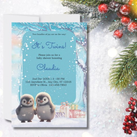 かわいいペンギン双生冬の青い赤ちゃんシャワー 招待状