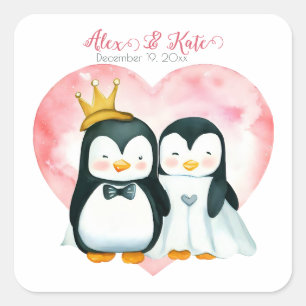 かわいいペンギン夫婦 ロマン結婚ティック スクエアシール