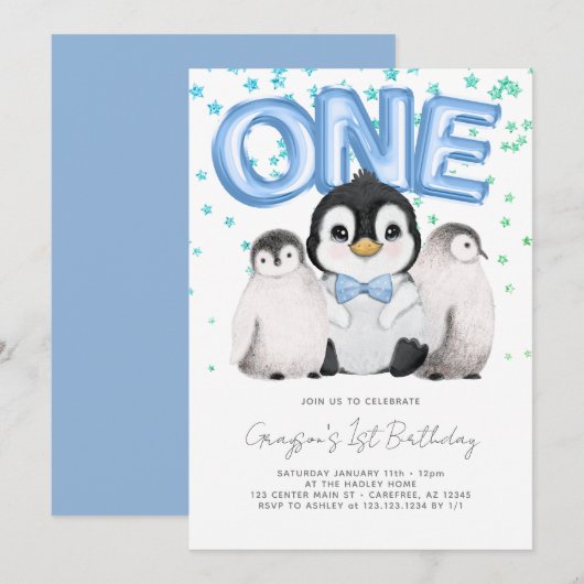かわいいペンギン子たち最初の1歳の誕生日 招待状 (正面/裏面)
