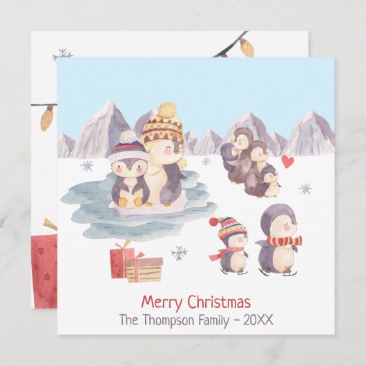 かわいいペンギン家族のクリスマスホリデーカード (正面/裏面)