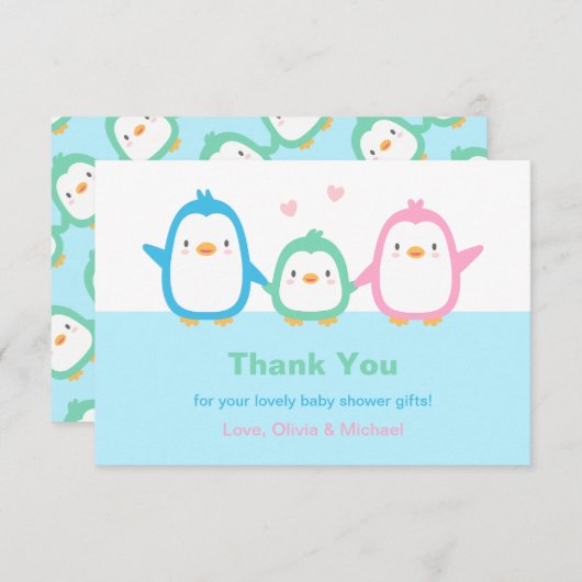 かわいいペンギン家族のベビーシャワーのサンキューカード 招待状 (正面/裏面)