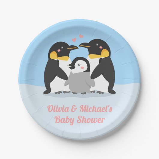かわいいペンギン家族のベビーシャワーのパーティーの供給 ペーパープレート (正面)