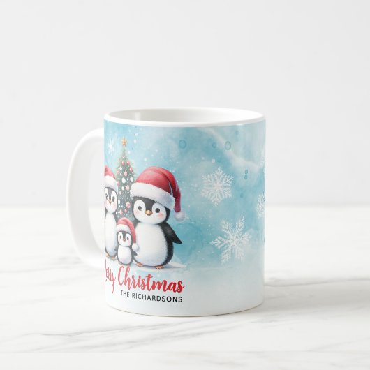 かわいいペンギン家族ブルーレッドメリークリスマス コーヒーマグカップ (正面左)