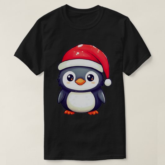 かわいいペンギン居心地の良いサンタハットを着てクリスマス! Tシャツ (デザイン正面)