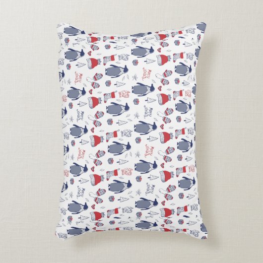 かわいいペンギン帽子の手袋のパターンのクリスマス アクセントクッション (正面(垂直))