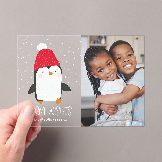 かわいいペンギン暖かい願い写真ホリデー アクリル招待状 (インサイチュ (ポータブル))