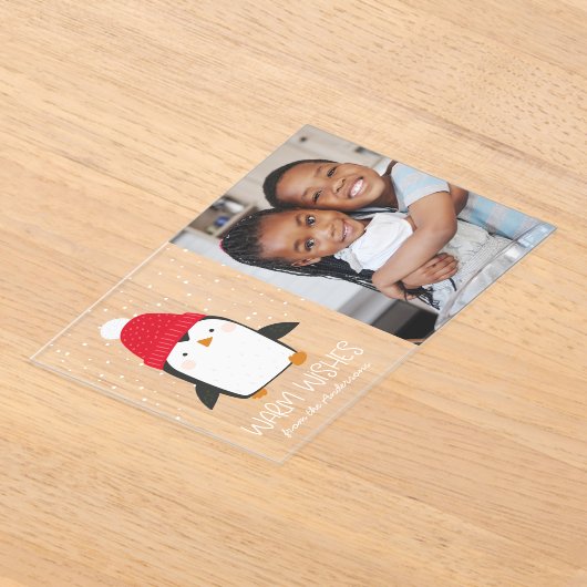 かわいいペンギン暖かい願い写真ホリデー アクリル招待状 (レイダウン)