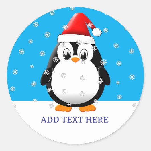かわいいペンギン漫画の雪のフレークカスタムクリスマス ラウンドシール (正面)