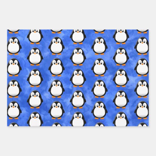 かわいいペンギン漫画の青い水色 ラッピングペーパーシート (正面2)