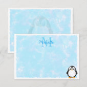 かわいいペンギン漫画カスタムモノグラムパステルブルー ノートカード (正面/裏面)