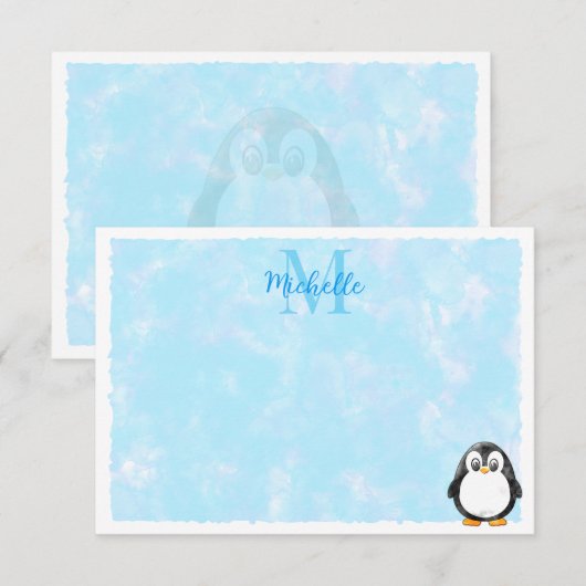 かわいいペンギン漫画カスタムモノグラムパステルブルー ノートカード (正面/裏面)