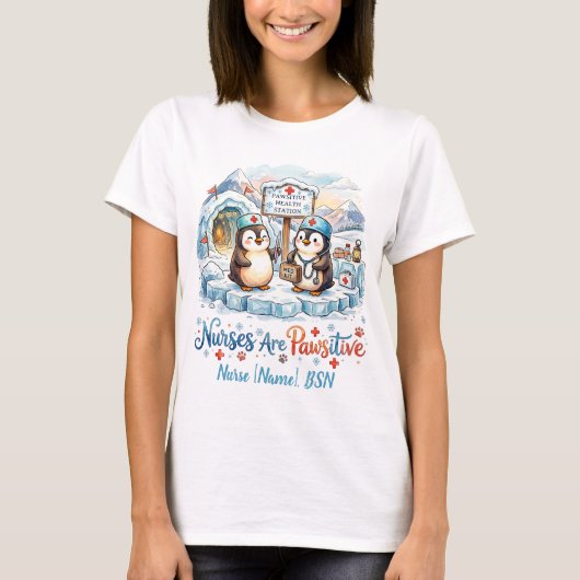 かわいいペンギン看護師 水彩 名前入り Tシャツ (正面)