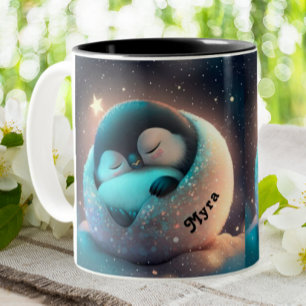 かわいいペンギン眠る星月パーソナライズされた ツートーンマグカップ