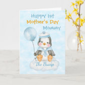 かわいいペンギン第1母の日ブルーカード カード (黄色い花)