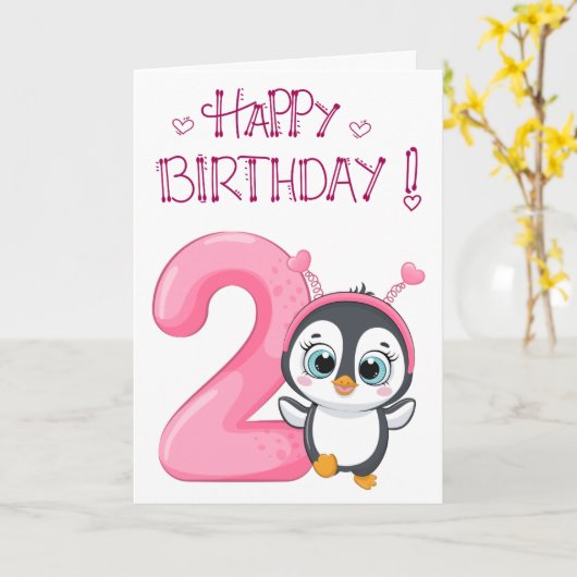 かわいいペンギン誕生日おめでとう カード (黄色い花)
