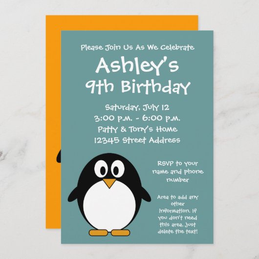 かわいいペンギン誕生日パーティーの招待 招待状 (正面/裏面)