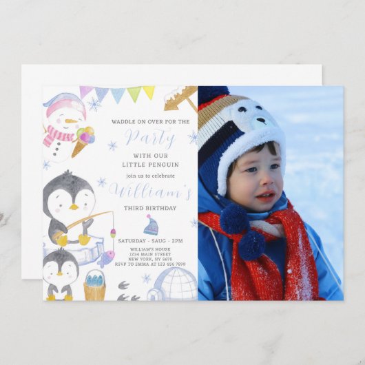 かわいいペンギン誕生日招待状と写真 招待状 (正面/裏面)