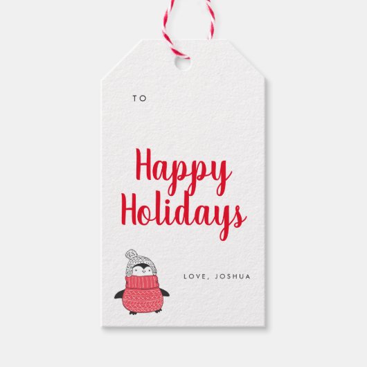 かわいいペンギン赤いタイポグラフィの休日 ギフトタグ (正面)