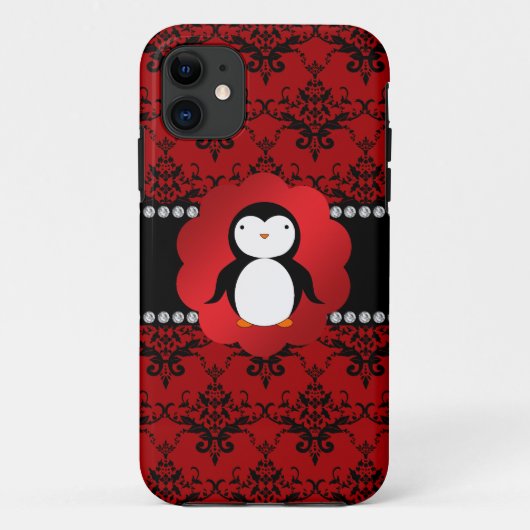 かわいいペンギン赤いダマスク Case-Mate iPhoneケース (裏面)