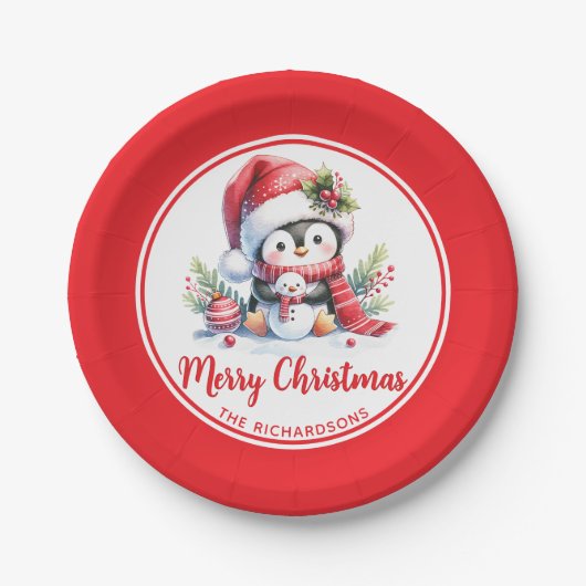 かわいいペンギン赤い白カスタムいクリスマス ペーパープレート (正面)