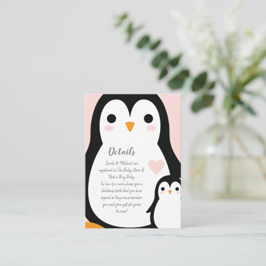 かわいいペンギン赤ちゃんシャワーピンクの少女 エンクロージャーカード (スタンド正面)