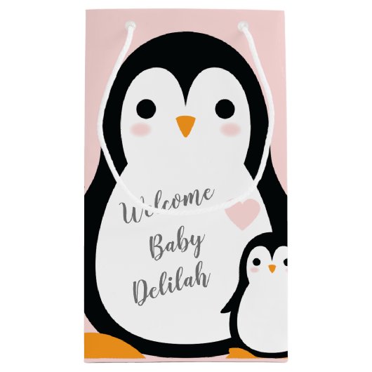 かわいいペンギン赤ちゃんシャワーピンクの少女 スモールペーパーバッグ (裏面)