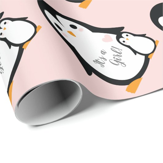 かわいいペンギン赤ちゃんシャワーピンクの少女 ラッピングペーパー (ロールコーナー)