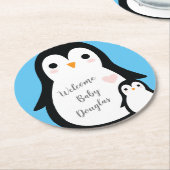 かわいいペンギン赤ちゃんシャワーブルーボーイ ラウンドペーパーコースター (アングル)