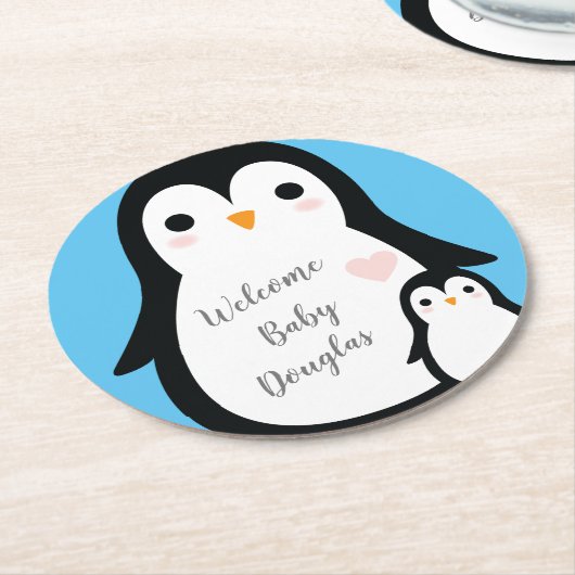 かわいいペンギン赤ちゃんシャワーブルーボーイ ラウンドペーパーコースター (アングル)