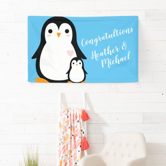 かわいいペンギン赤ちゃんシャワーブルーボーイ 横断幕 (インサイチュ)