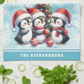 かわいいペンギン雪の青のクリパーソナライズされたスマス キッチンタオル (折り畳み)