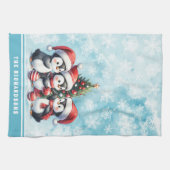 かわいいペンギン雪の青のクリパーソナライズされたスマス キッチンタオル (横)