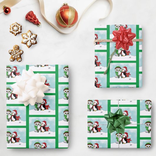 かわいいペンギン雪フクロウの友情 ラッピングペーパーシート