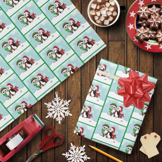 かわいいペンギン雪フクロウの友情 ラッピングペーパー