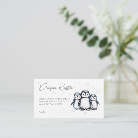 かわいいペンギン雪片ベビーシャワーおむつラッフル エンクロージャーカード (スタンド正面)