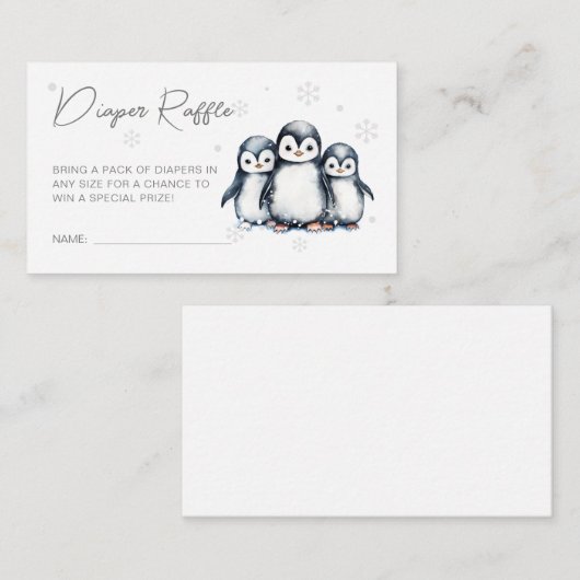 かわいいペンギン雪片ベビーシャワーおむつラッフル エンクロージャーカード (正面/裏面)