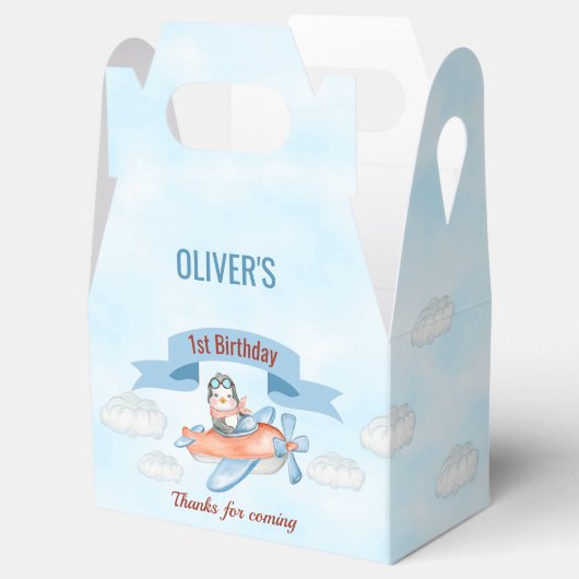 かわいいペンギン飛行機ブルー1歳の誕生日 フェイバーボックス (オープン)