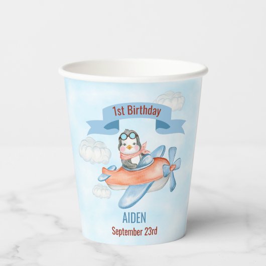 かわいいペンギン飛行機ブルー1歳の誕生日 紙コップ (裏面)
