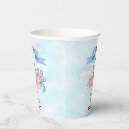かわいいペンギン飛行機ブルー1歳の誕生日 紙コップ (右)