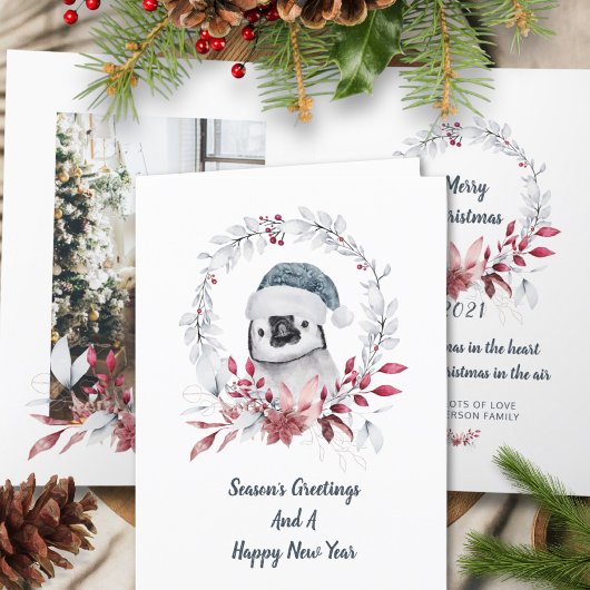 かわいいペンギン1枚フォトウォータカラーメリークリスマス シーズンカード