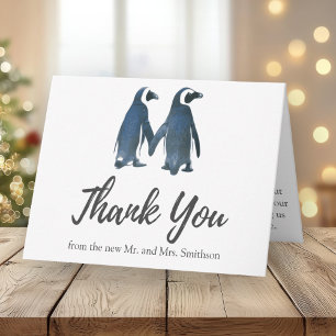 かわいいペンギン2羽 ロマンチックな結婚式のお礼 サンキューカード