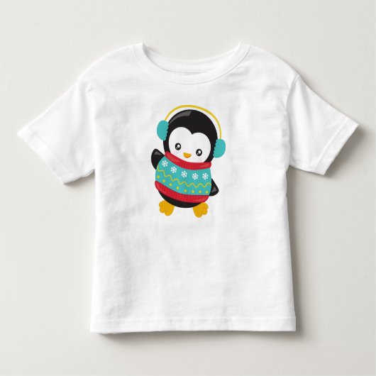 かわいいペンギン、セーター付きペンギン、イヤーマフ トドラーTシャツ (正面)