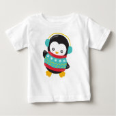 かわいいペンギン、セーター付きペンギン、イヤーマフ ベビーTシャツ (正面)