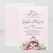 かわいいペンギン ピンクの女の子 冬のベイビーシャワー 招待状 (正面/裏面)