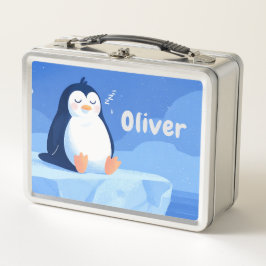 かわいいペンギン、ブルーシルバーの名入れ メタルランチボックス