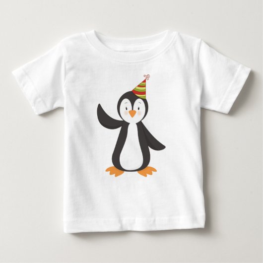 かわいいペンギン、ベビーペンギン、パーティーハット付きペンギン ベビーTシャツ (正面)