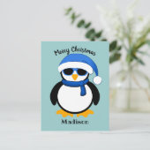 かわいいペンギン　メリークリスマス　青 ポストカード (スタンド正面)