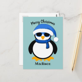 かわいいペンギン メリークリスマス 青 ポストカード