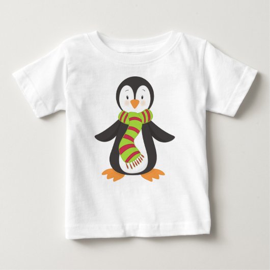 かわいいペンギン、小さなペンギン、スカーフ付きペンギン ベビーTシャツ (正面)